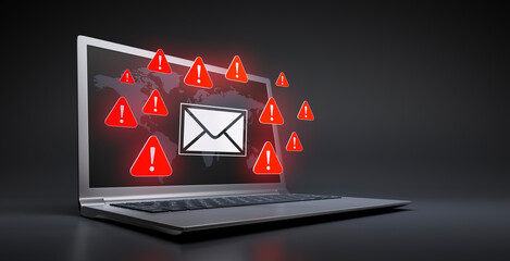 Floating mail symbol with warning signs floating over a computer laptop on black background