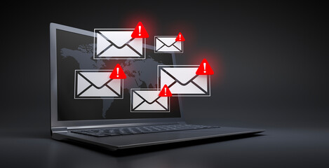 Floating mail symbols with warning signs floating over a computer laptop on black background