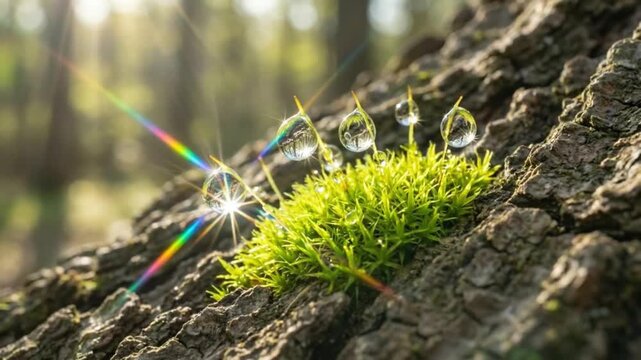 Nature's splendor radiant moss on tree bark captured in ai-generated video reflecting artificial intelligence art