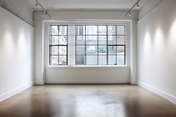 Fototapeta premium Bright Empty Gallery Space with Large Window Overlooking City, Ideal for Art Exhibition or Presentation