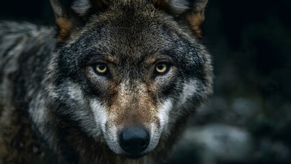 Fototapeta premium Close-up portrait of a majestic wolf with piercing yellow eyes in a dark forest.