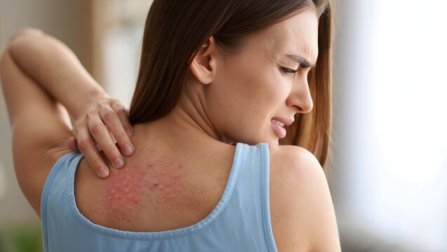 Woman Suffering from Skin Rash or Eczema on Back