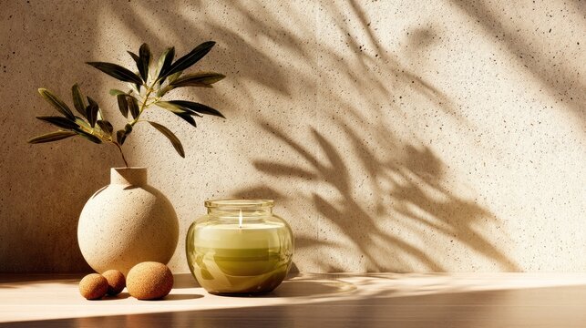Minimalist composition with foliage in a vase and a candle on a textured wall