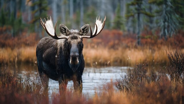 Majestic Moose Standing in Marshy Water with Antlers