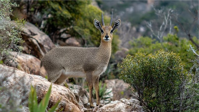 Klipspringer Antelope Standing on Rocky Terrain in African Landscape