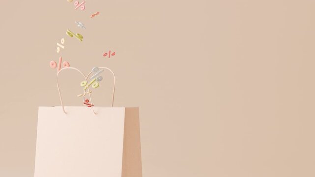 Horizontal 3D shopping bag sale discount summer spring easter, percent promo offer loop animation, banner template mockup poster flyer background copyspace, modern pastel label sticker for retail mark