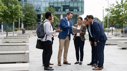 Fototapeta premium Diverse group of business professionals discussing project details on a tablet outdoors in an urban environment.