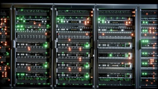 Vintage mainframe computer with illuminated circuit panels and blinking lights