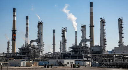 Fototapeta premium Emergency crews inspect damage at a large oil refinery in Haifa. Burn marks and impact points suggest a recent airstrike during regional conflict.