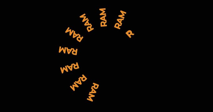 Dynamic orange 'RAM' text forms a captivating circular animation against a sleek black background. This abstract visual symbolizes data processing, digital memory, and advanced computing power.