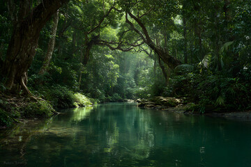 Fototapeta premium A river meandering through a dense and vibrant tropical rainforest with tall trees and lush greenery on both sides of the riverbank at daytime