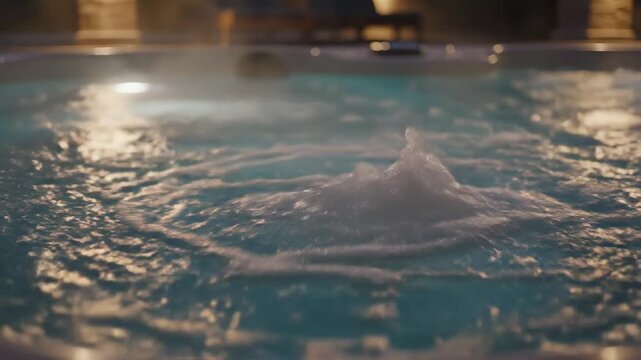 The surface of a luxury hotel hot tub is captured in close-up as pressurized jets create a dynamic mass of oxygen bubbles in the water.