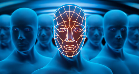 Humanoid Robot head - Face recognition biometric ID - Face scan vector digital security technology