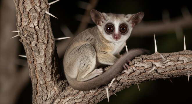 Slow loris resting on a spiky tree branch at night
