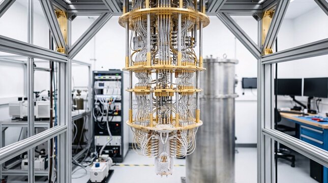 Exposed dilution refrigerator core of a quantum computer reveals cascading tiers of frosted metallic plates and silver wiring reaching absolute zero.