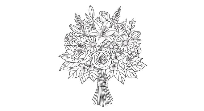 A beautiful hand drawn bouquet of various flowers including roses and lilies for an artistic adult coloring book page illustration