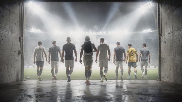 Football team advances through corridor into brightly lit stadium field