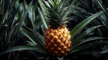 Obraz premium Ripe Pineapple Growing on Plant in Tropical Plantation