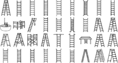 Detailed black and white vector set illustrating a wide variety of ladder types and climbing equipment, including step ladders, straight ladders, scaffolding, and pool steps. © victoria