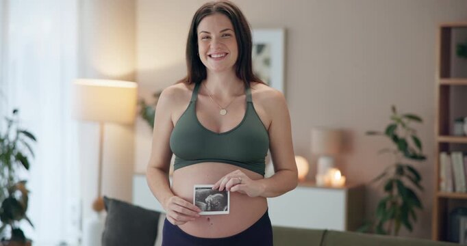 Pregnancy, sonogram and woman with smile in home for baby development, growth or update. Happy, maternity picture and portrait of pregnant female person with fetal ultrasound for prenatal health.