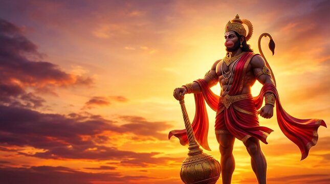 Hindu deity Hanuman warrior statue standing in golden sunset with dramatic clouds and mace weapon