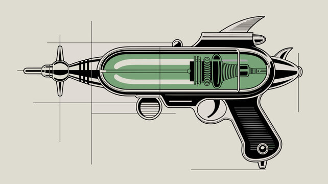 Blueprint of mid-century atomic ray gun &ndash; Perfect for retro-futurism posters, tech manual aesthetics, or steampunk design elements.