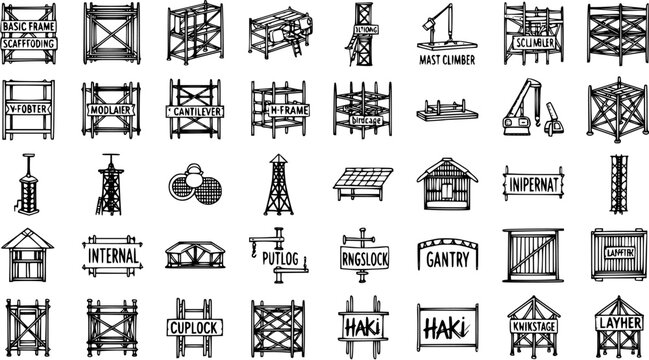 Hand-drawn vector icons set of various scaffolding systems, construction frames, and building structures for industrial and architectural design projects.