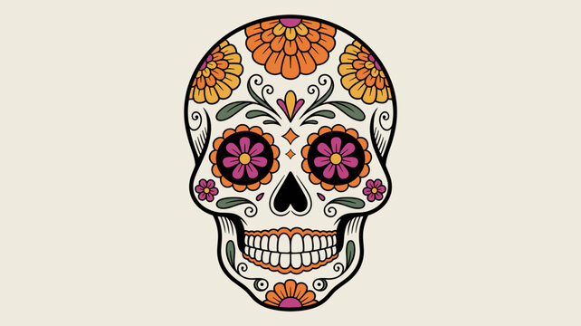 Decorative sugar skull with orange marigold designs &ndash; Great for ethnic art collections, festival flyers, or greeting cards.
