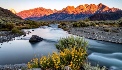 Naklejka premium Scenic Mountain River Landscape at Sunset with Wildflowers in Foreground.