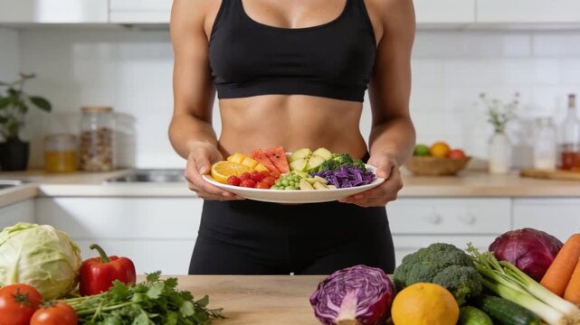 A fit woman holding a colorful healthy salad in a modern kitchen, highlighting balanced nutrition, fresh ingredients, and an active wellness lifestyle.