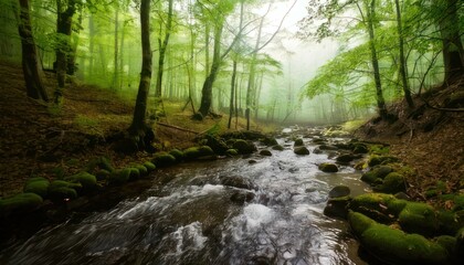 Obraz premium Serene Forest Stream - A Tranquil Scene of Natures Beauty.