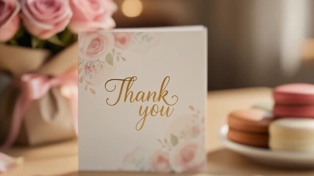 An elegant thank you card with floral design placed on a table with soft background decor, capturing gratitude, appreciation, and warm celebration atmosphere.