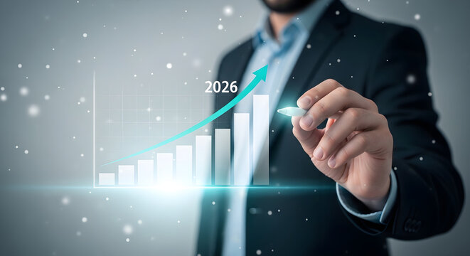 Businessman interacting with a futuristic graph and 2026 projection