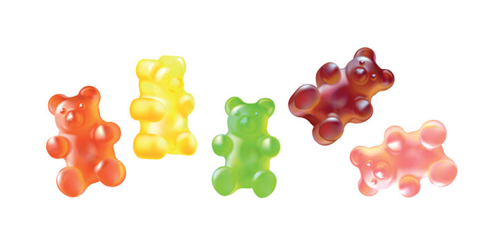 Gummy bears. Realistic jelly bear candy, sweet sugar gum fruit dessert vitamins taste glossy assorted colorful rainbow confectionery marmalade snack, 3d exact vector illustration