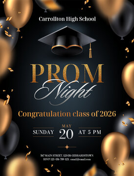 Luxury Prom Night and graduation 2026 invitation vector template. Realistic academic cap, black and gold balloons, confetti, elegant typography on dark background.