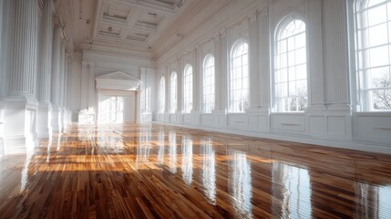 Fototapeta premium Bright and Spacious Hallway with Polished Wood Floors and Large Windows, Flooded with Natural Light