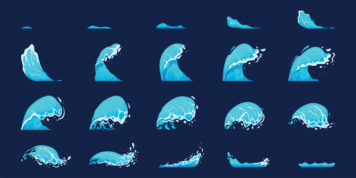 Wave splash animation. Sea water waves splashes sprite sheet sequence frame, ocean energy liquid foam motion fx ripple drops splatter aqua burst game ingenious vector illustration