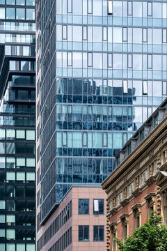 Architecture contrast in Frankfurt Bankenviertel Germany pairing historic facade with modern skyscraper glass towers shaping the skyline