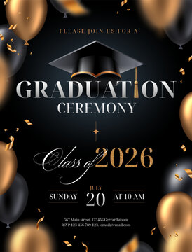 Elegant graduation ceremony invitation flyer template Class of 2026 with realistic 3D gold and black balloons, academic cap, and confetti on dark background