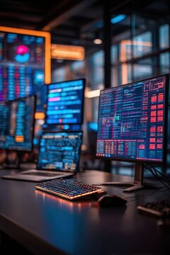 Stock Market Trading Room with Multiple Computer Screens Displaying Financial Data and Analysis for Investments
