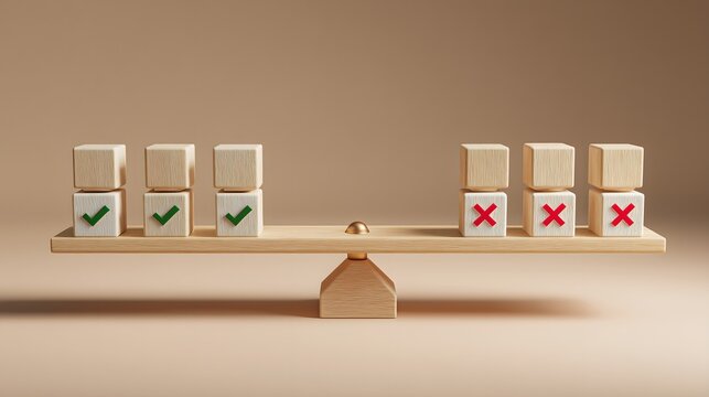 Balance scale comparing approved and rejected choices with check marks and crosses, decision making concept representing evaluation, selection process, risk assessment and business judgment