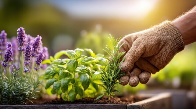 Close-up of gardener planting herbs including lavender and rosemary in the garden with gardening glove