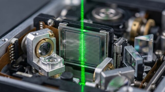 Spatial light modulator inside a holographic storage drive uses microscopic LCD grid as fine shutter system for a green data-carrying laser beam.