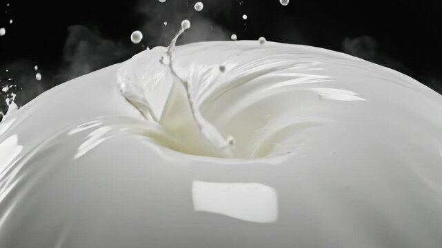 A smooth white milk vortex flows and splashes in three-dimensional slow motion, its organic forms suspended in graceful cinematic deceleration against a black background.