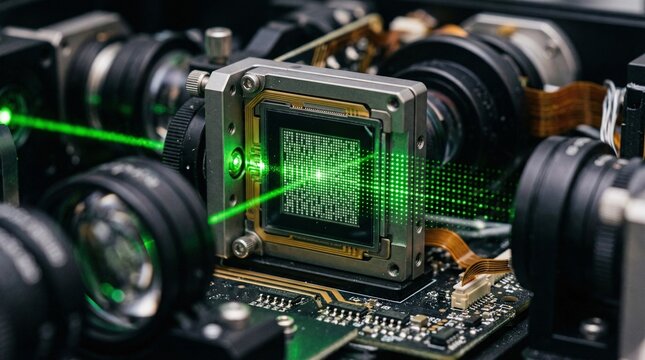 Spatial light modulator inside a holographic storage drive uses microscopic LCD grid as fine shutter system for a green data-carrying laser beam.