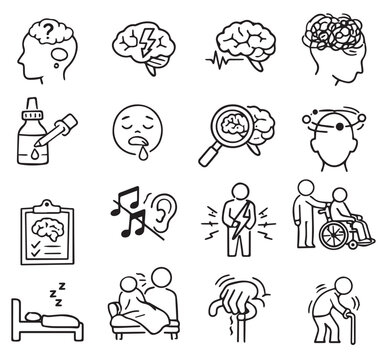 Parkinson's Disease symptoms, diagnostic and treatment vector icon set. Vector illustration on the theme of World Parkinson's disease (PD) day observed each year on April 11th across the globe. Vector