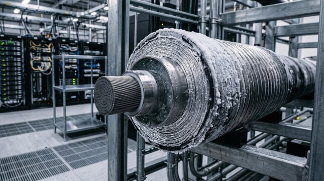 Cross-section of high-temperature superconducting power cable reveals insulated silver wiring encased in a cryogenic liquid nitrogen jacket with frost.