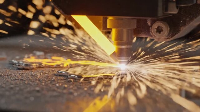 A machine cuts through metal with sparks flying everywhere on a workbench indoors.