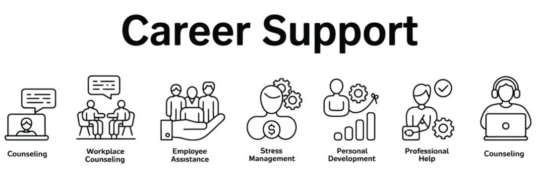 Career support web banner icon set, vector illustration concept for business, icons of career counseling, workplace counseling, employee assistance, stress management, personal development, hr support