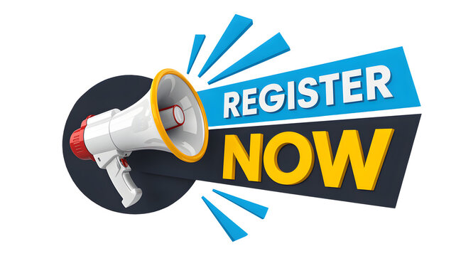 Megaphone with 'register now' text on transparent background for advertising